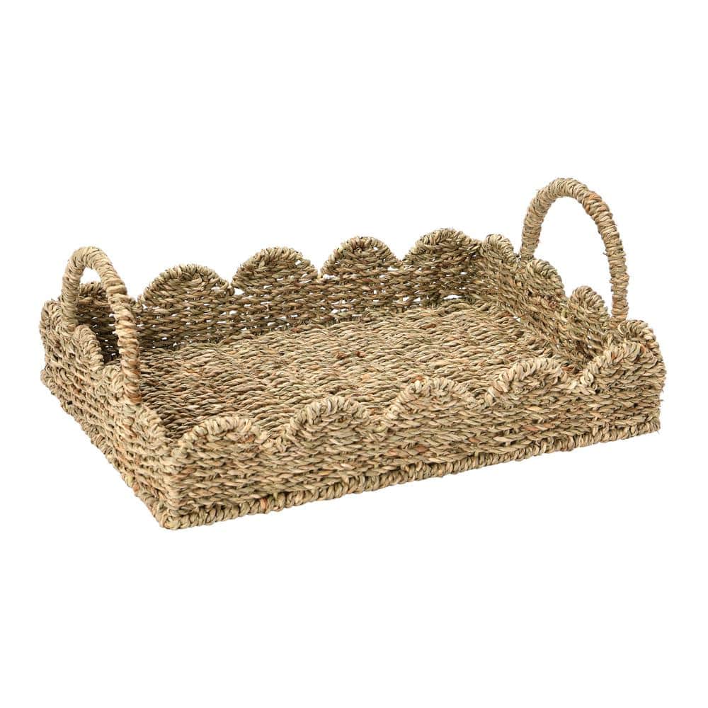 Natural Seagrass Rectangular Decorative Tray with Scalloped Edge
