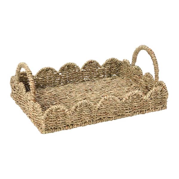 HOUSEHOLD ESSENTIALS Brown Natural Seagrass Rectangle Tray with Scalloped Edge