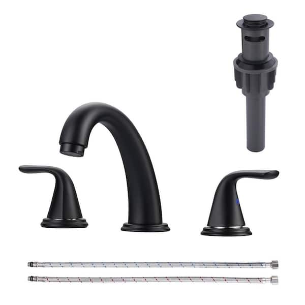 3-Holes 8 in. Widespread Double Handle Bathroom Faucet with Pop-Up Drain Assembly in Matte Black