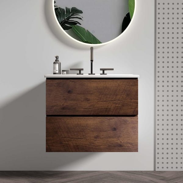 24 in. Single Sink Floating Walnut Bath Vanity with White Ceramic Top, 2 Soft Drawers