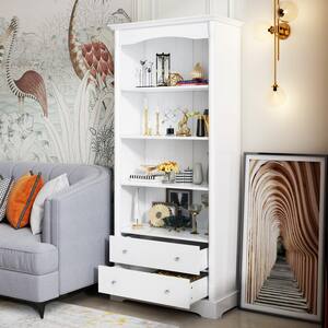 70.1 in. Tall White Wooden 4-Shelf Accent Standard Bookcase, Storage Cabinet, Sideboard with 2 Drawers