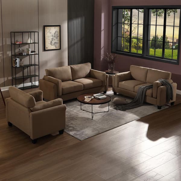 Morden Fort Mid-Century Luxury Sofas 3-Piece Brown Linen-Like Living Room Set Couch with Thick Cushion for Home and Office