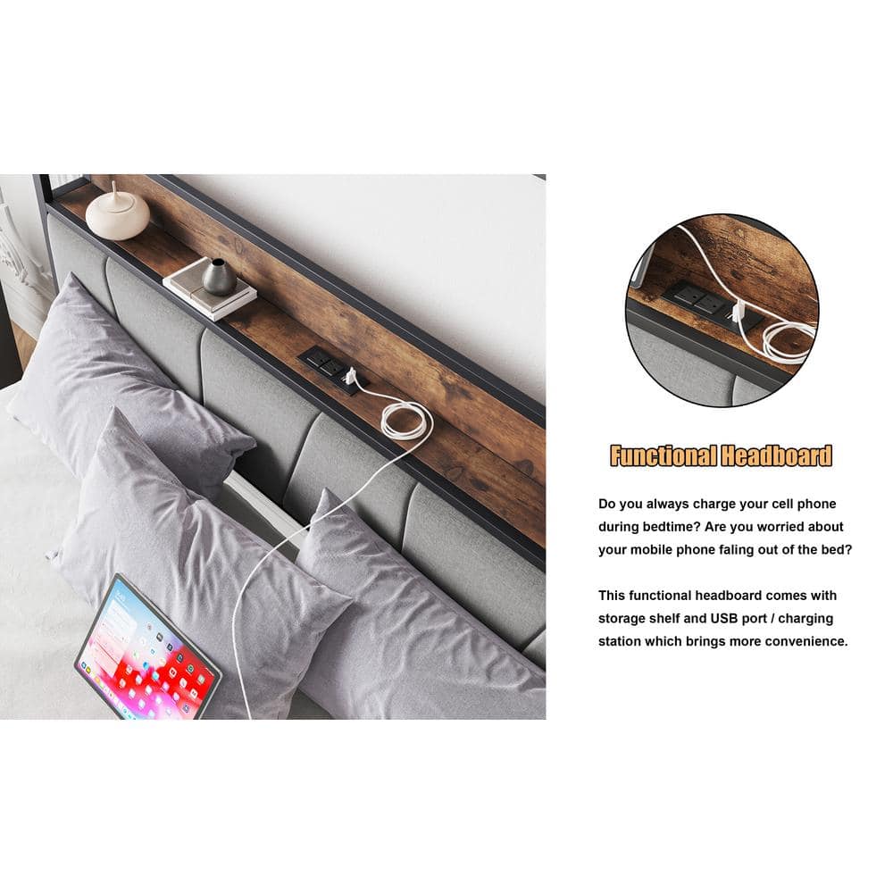 Queen Black Metal Frame Platform Bed with Upholstered Storage Headboard