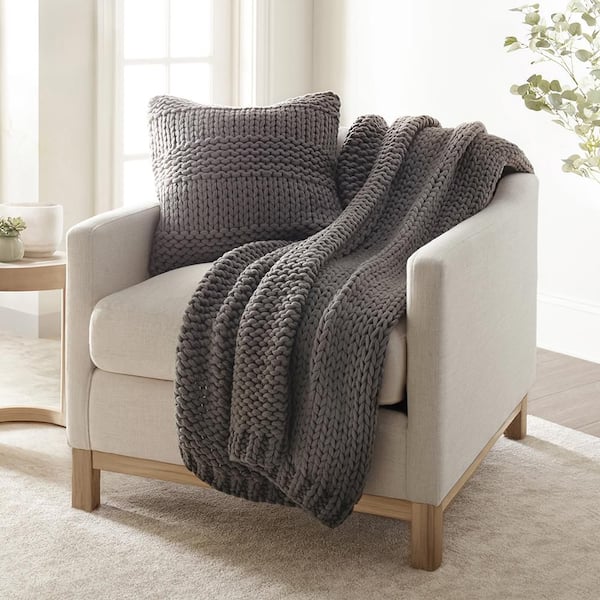 Chunky Knit Gray Decorative Throw Pillow and Blanket Set - 59 in. x 47 in.