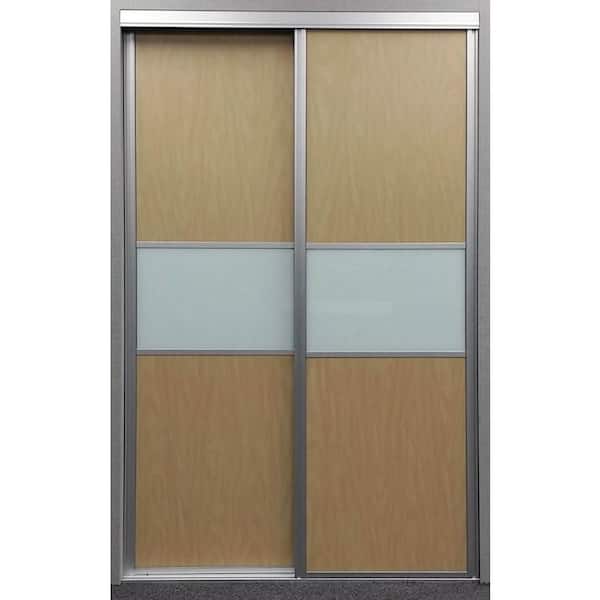 Contractors Wardrobe 72 in. x 96 in. Matrix Satin Clear Aluminum Frame Maple and White Painted Glass Interior Sliding Closet Door