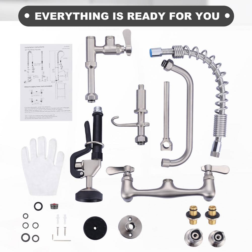Brushed Nickel 21" Wall Mount Commercial Kitchen Faucet with Pull-out Spray