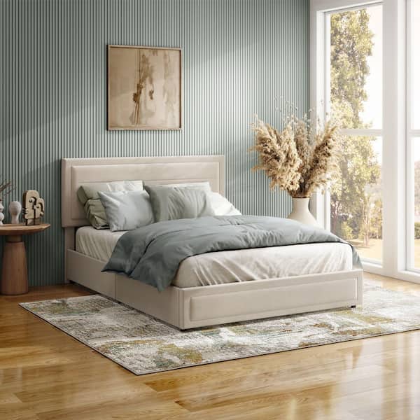 Furniture of America Kieranne Ivory Beige Upholstered Metal Frame Full Platform Bed With 4 Side Drawers