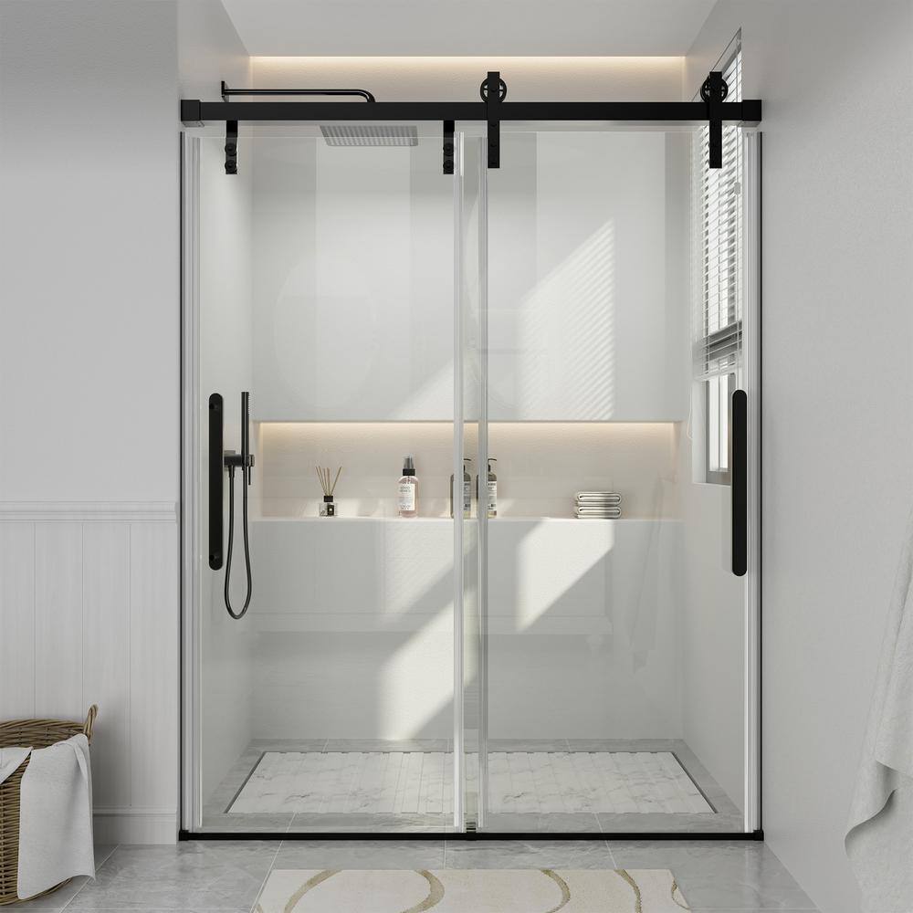 60" x 76" Frameless Black Sliding Shower Door with Tempered Glass
