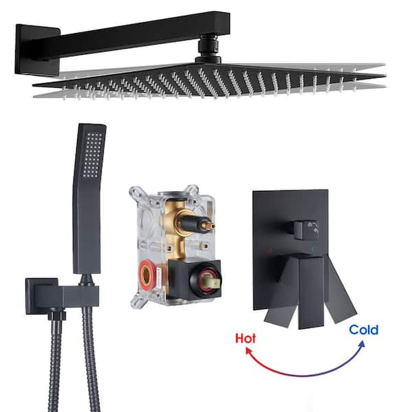 Rainfall 1-Spray Square 10 in. Shower System Shower Head with Handheld in Black (Valve Included)