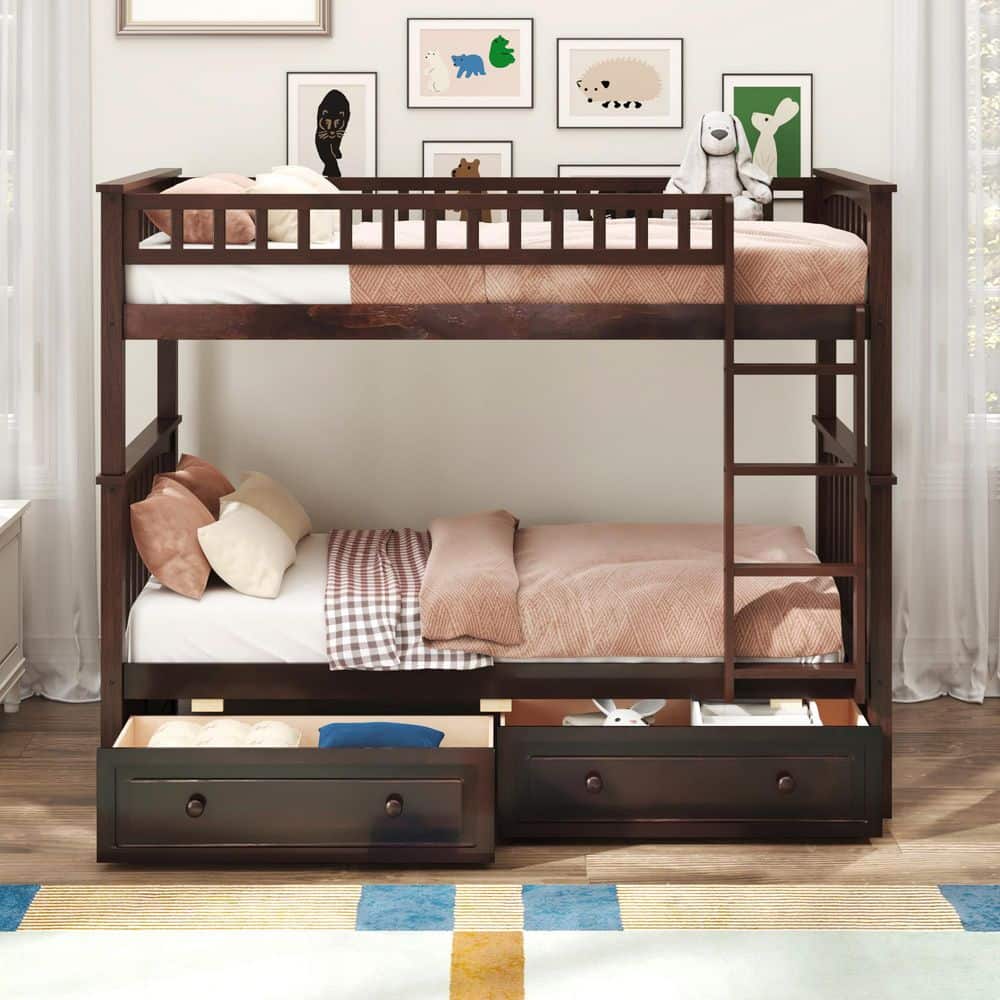 Espresso Twin over Twin Convertible Bunk Bed with Drawers