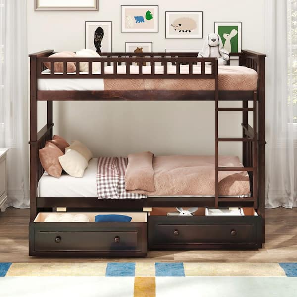 Espresso Twin over Twin Convertible Bunk Bed with Drawers