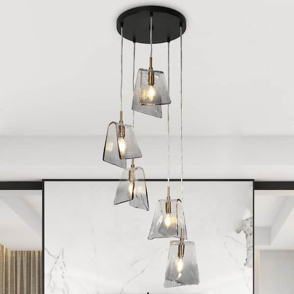 LNC Afmean 5-Light Matte Black and Brass Cluster Chandelier with Gray Textured Glass and No Bulb Included