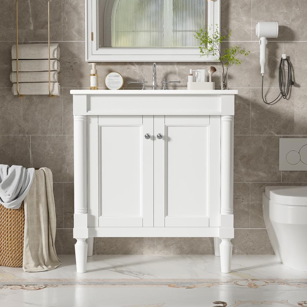 30 in. White Bathroom Vanity with White Ceramic Sink Top, Soft Close Doors and Solid Wood Legs price history on PriceWatchPro