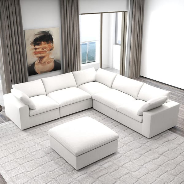 6-Piece White Linen Modular Free Combination Sectional Sofa Living Room Set with Removable Covers and Ottoman