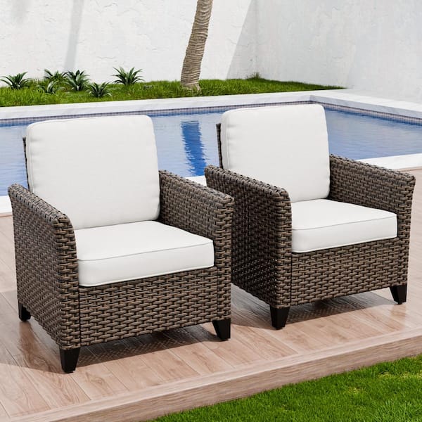 EAGLE PEAK 2-Color Brown Wicker Outdoor Patio Dining Chair Sofa with Beige Cushions, Wide Armrest (2-Pack)