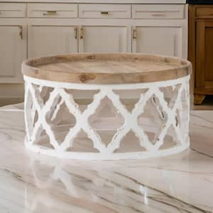 Custom Series 31.9 in. Brown and White Round Wood Coffee Table with Round Tray Top