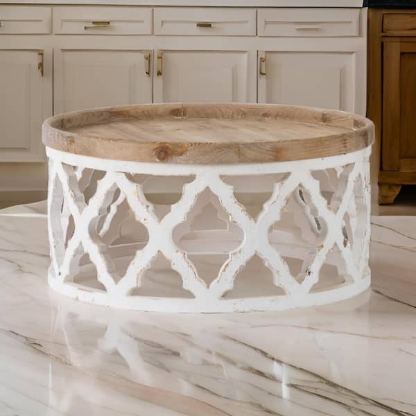 Benjara Custom Series 31.9 in. Brown and White Round Wood Coffee Table with Round Tray Top