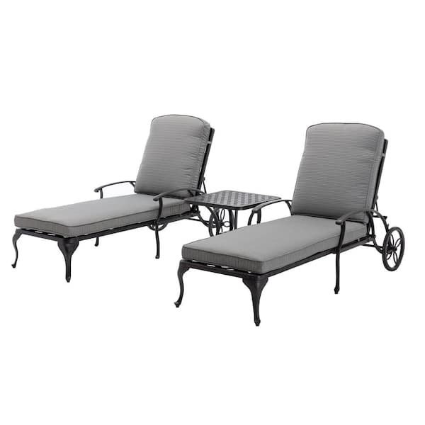 HOMEFUN Antique Bronze 3-Piece Aluminum Adjustable Reclining Outdoor Chaise Lounge with Gray Cushions and Table