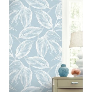60.75 sq. ft. Baby Blue Beckett Sketched Leaves Nonwoven Paper Unpasted Wallpaper Roll