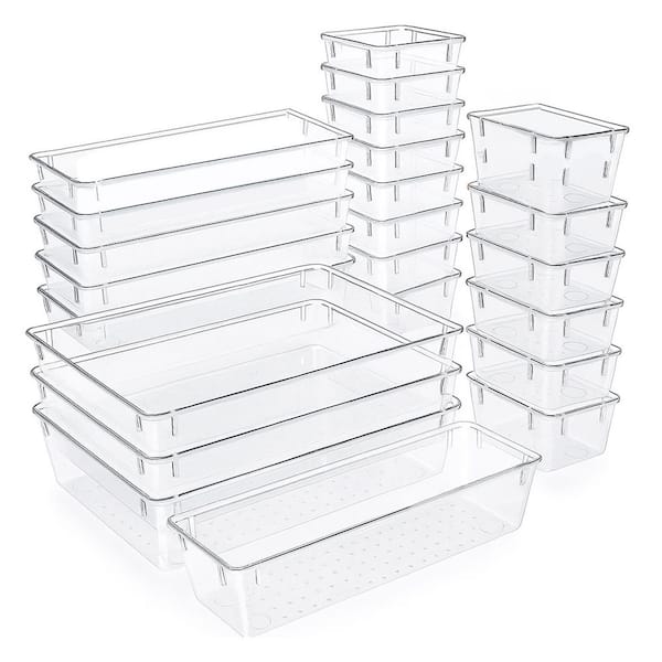 Clear 25-Piece Plastic Drawer Organizer Set in 4 Sizes, for Kitchen, Bathroom, Office