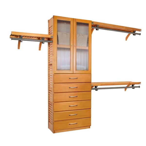 John Louis Home 12 in. D x 120 in. W x 96 in. H Premier Wood Closet System with Doors and 6 Drawers (6 in. Deep) Honey Maple