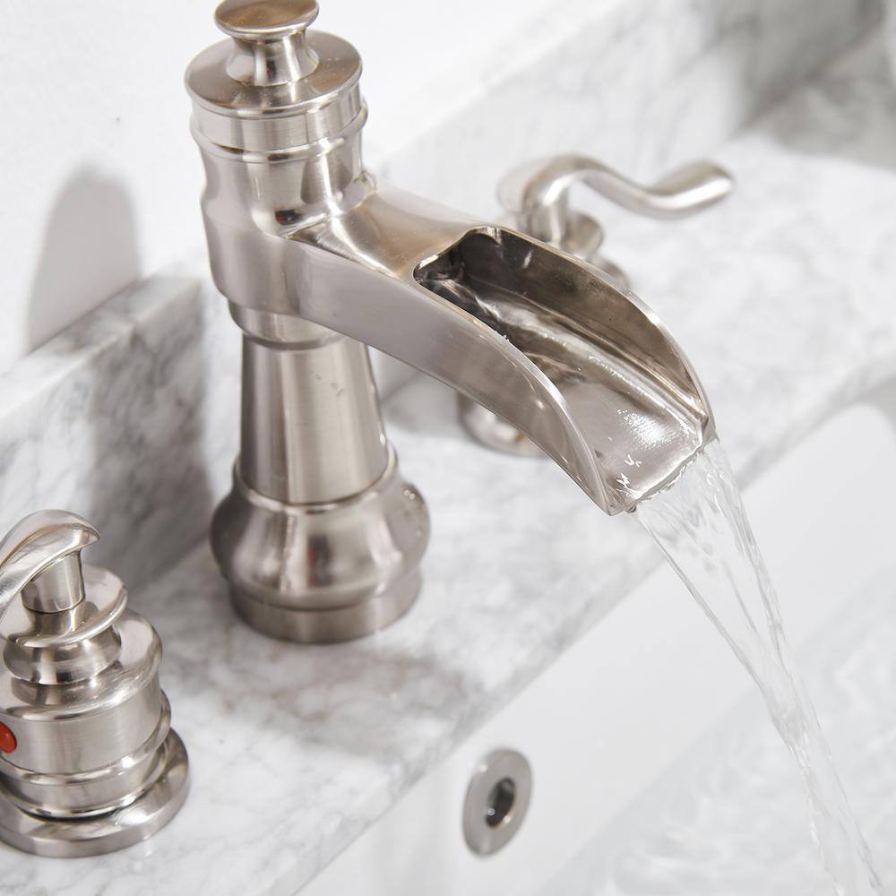 Brushed Nickel Widespread Waterfall Bathroom Faucet with Lever Handles