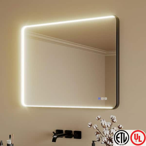 40 in. W x 32 in. H Rectangular Aluminum Framed Light Dimmable Anti-Fog LED Wall Bathroom Vanity Mirror in Black