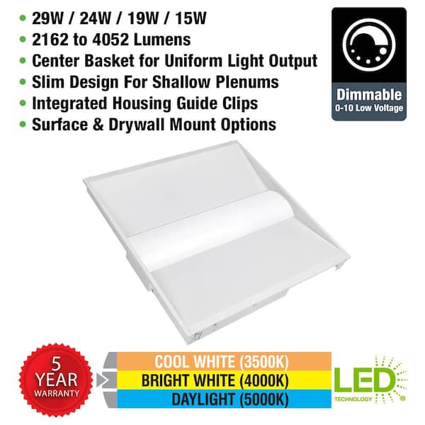 2 ft. x 2 ft. Boost Center Basket Integrated LED White Troffer Light 3500K 4000K 5000K 29W / 24W / 19W / 15W Dimmable
