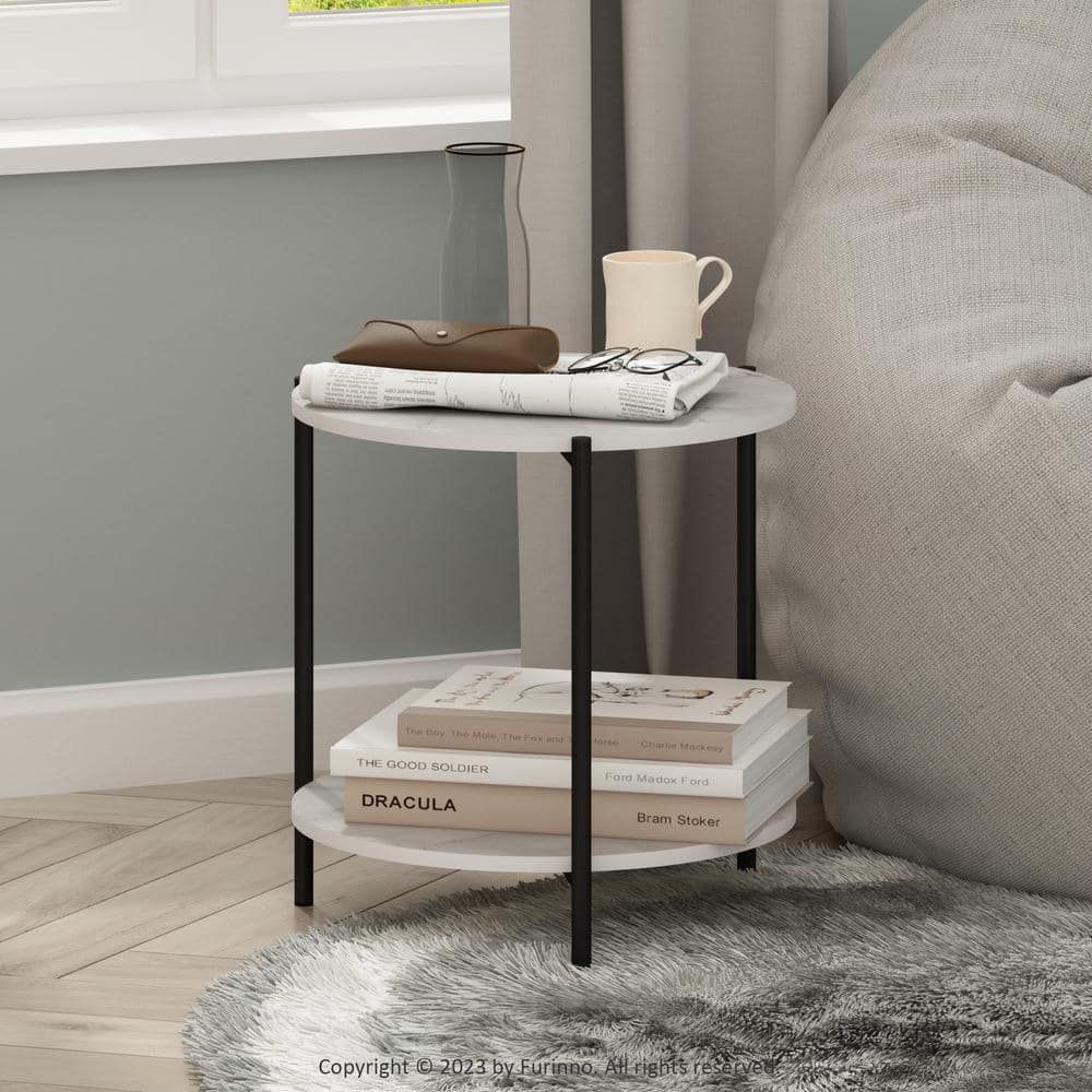 Compact Round White Wood and Metal Side Table