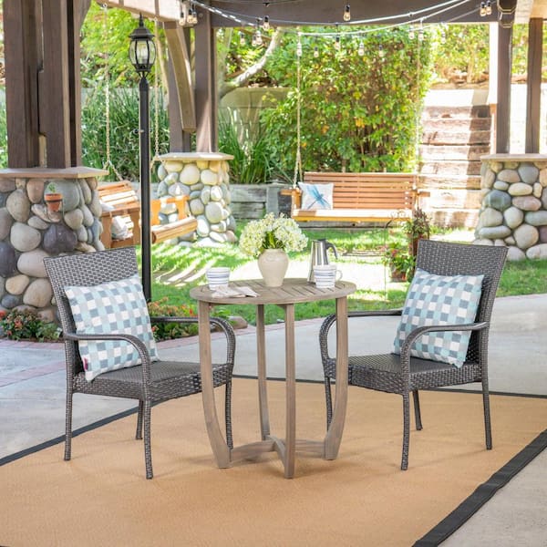 Noble House Camden Gray 3 Piece Wood and Faux Rattan Outdoor