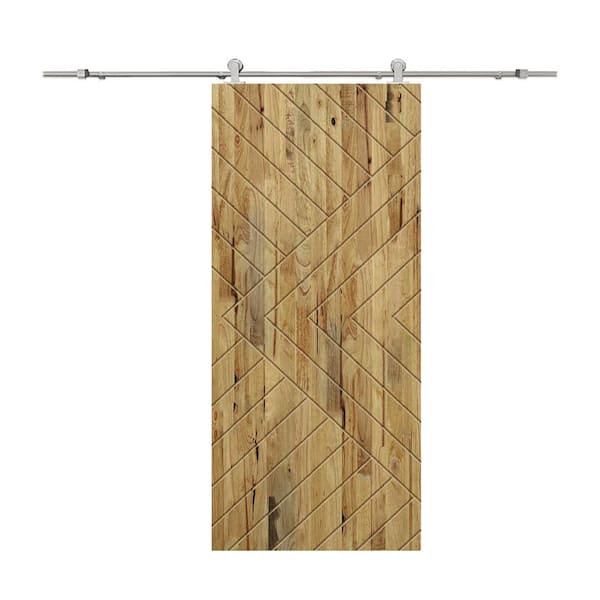 CALHOME Chevron Arrow 24 in. x 84 in. Fully Assembled Weather Oak Stained Wood Modern Sliding Barn Door with Hardware Kit