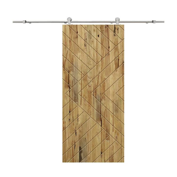 CALHOME Chevron Arrow 28 in. x 80 in. Fully Assembled Weather Oak Stained Wood Modern Sliding Barn Door with Hardware Kit