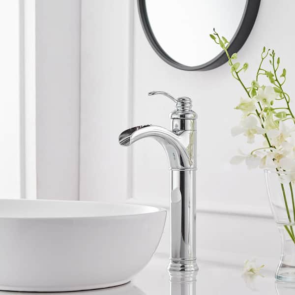 Waterfall Single Hole Single-Handle Vessel Bathroom Faucet With Pop-up Drain Assembly in Polished Chrome