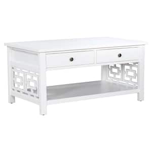 41.7 in. White Rectangle Solid Wood Coffee Table With Two Drawers and Open Shelf, Geometric Pattern