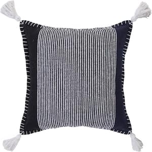 2-Toned Black / Navy / White 20 in. x 20 in. Simple Striped Whipstitch Indoor Throw Pillow with Tassels