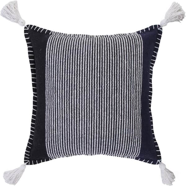 LR Home 2-Toned Black / Navy / White 20 in. x 20 in. Simple Striped Whipstitch Throw Pillow with Tassels