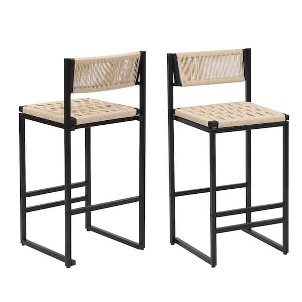 2-Piece Outdoor Bar Stools with Footrest, Counter Height Barstool for Backyard, Patio, Beige