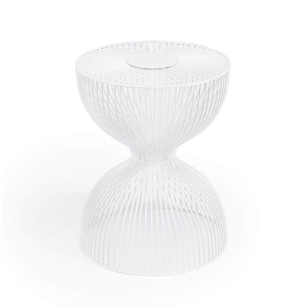 Nicholas Round White Metal and Glass Hourglass Side Table