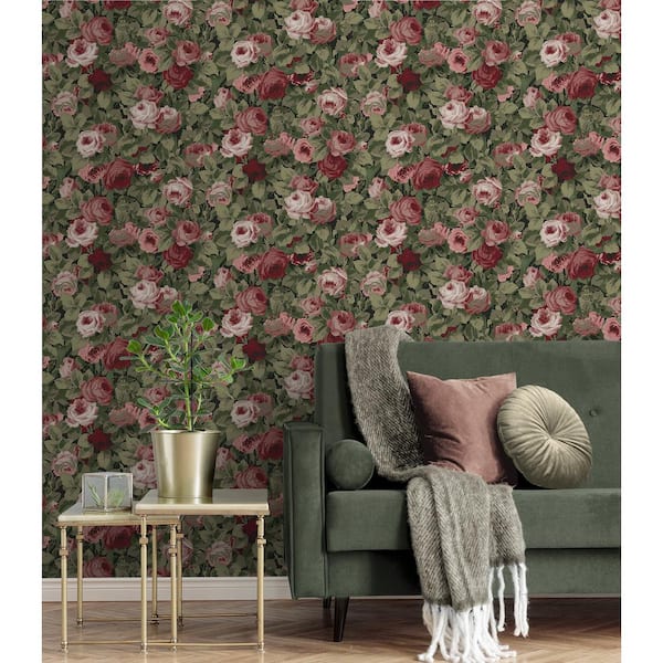 30.75 sq. ft. Garnet and Basil Rose Garden Vinyl Peel and Stick Wallpaper Roll