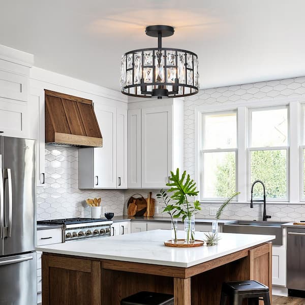 12 in. 3-Light Round Modern Black Drum Semi Flush Mount Ceiling Light with Clear Crystal Glass