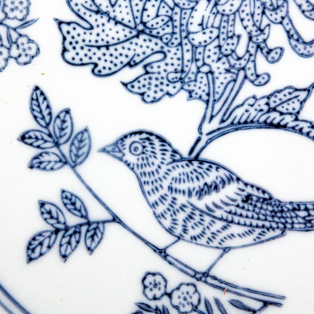 10 in. 105 fl. oz. Blue & White Aviary Garden Stoneware Stoneware Serving Bowl