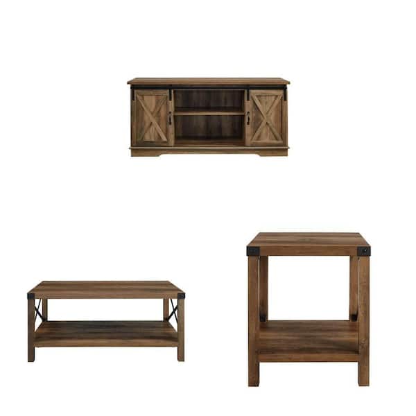 58 in. Rustic Oak TV Stand (Fits 65 in. TV), 40 in. Coffee Table, and 18 in. Side Table Combo