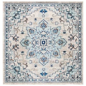 Madison Ivory/Light Blue 5 ft. x 5 ft. Border Geometric Floral Medallion Square Area Rug