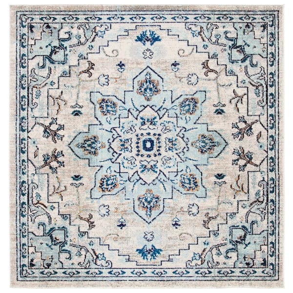 SAFAVIEH Madison Ivory/Light Blue 5 ft. x 5 ft. Border Geometric Floral Medallion Square Area Rug