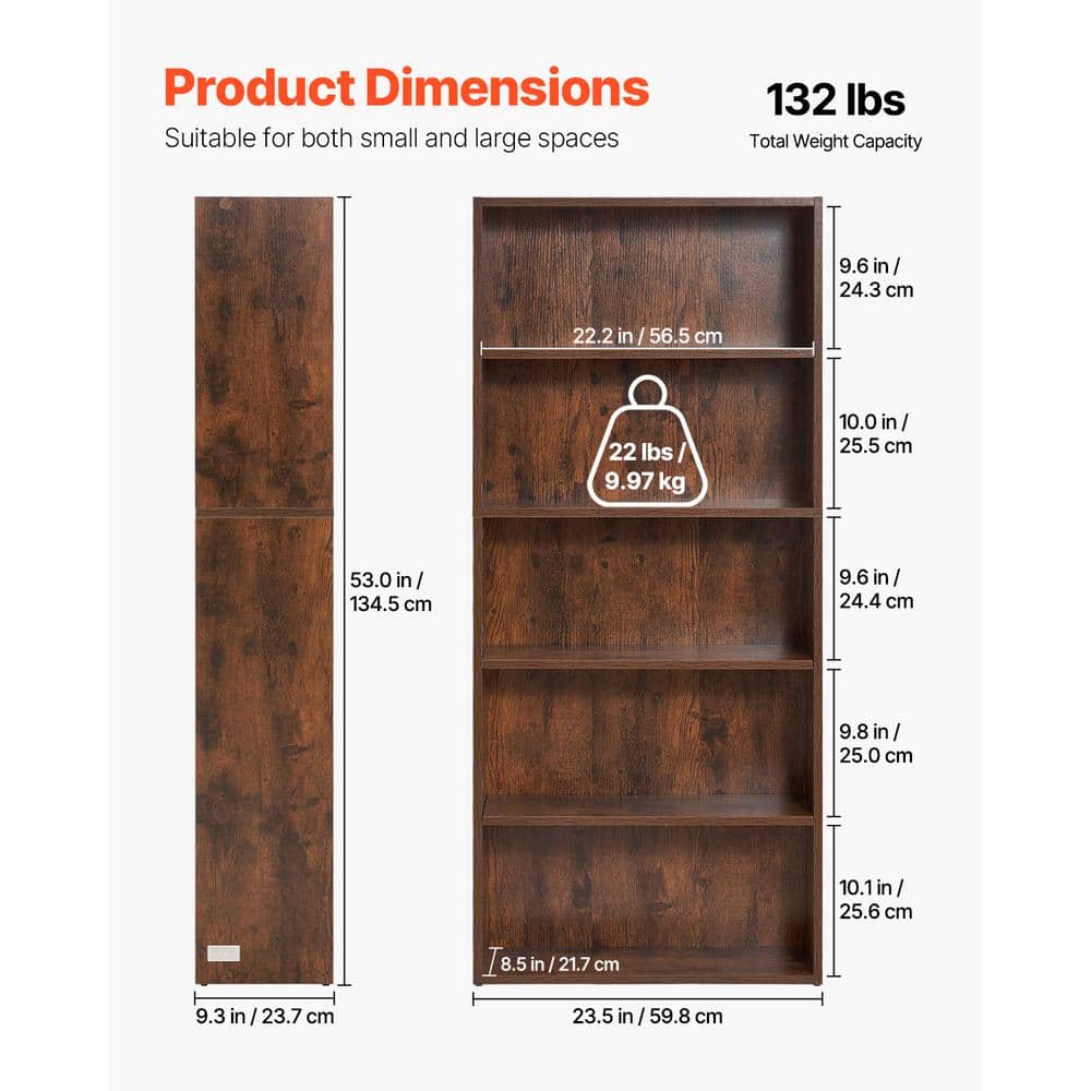 Brown Painted 5-Tier Adjustable Wood Library Bookcase