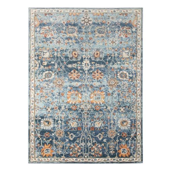 Blue, Orange 9 ft. x 12 ft. Loomed Floral Polypropylene Rectangle Indoor/Outdoor Area Rug