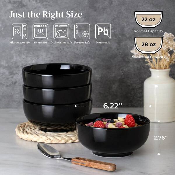 Wudkey 4-Pack 22 fl. oz. Black Ceramic Bowls, 6 in. Classic Bowls