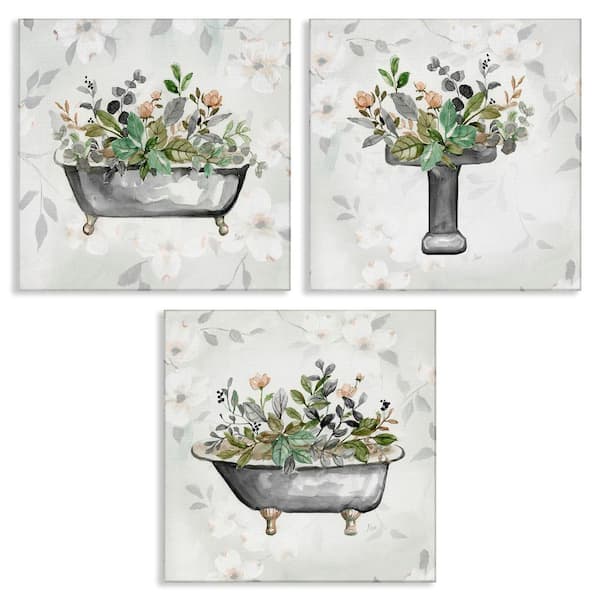 Grey Bathroom Florals by Nan 3 Piece Unframed Nature Graphic Art Print 17 in. x 17 in.