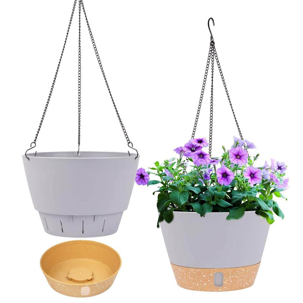 8 in. Dia Light Gray Plastic Hanging Basket with Visible Water Level (2-Pac
