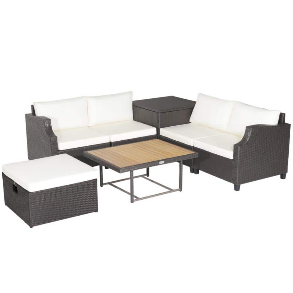 Wicker 7-Piece Outdoor Sectional Set with Acacia Wood Coffee Table and White Cushions price history on PriceWatchPro